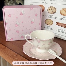 Rosy Future 玫瑰兔陶瓷咖啡杯碟套裝 情侶款精緻伴手禮, 1個, 玫瑰小兔鬱金香勺精美禮盒裝