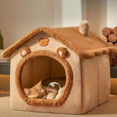 강아지 고양이 겨울 보양용 따뜻한 폐쇄형 쿠션 난방 텐트 캣하우스, 1개, 브라운