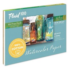 Fluid 100 수채화 종이 블록 15.2 x 20.3cm(6 8인치) 15장 63.5kg(140파운드) (300 GSM) 100% 면 핫 프레스 패드 아티스트 페인팅