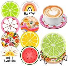 8피스 다이아몬드 아트 페인팅 컵받침 홀더 포함 DIY 자폐증 인식 다이아몬드 아트 컵받침 음료용 다이아몬드 아트 페인팅 키트 초보자용 다이아몬드 키트 공예 용품 성인용, 과일, 1개