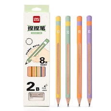 deli得力 握握筆 2B鉛筆 附削筆器 護眼色系 兒童書寫鉛筆, 特粗杆, 8個裝