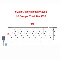 태양광 크리스마스 고드름 조명 야외 커튼 요정 원격 걸이식 폭포 스트링 6M 10M 18M, 01 Warm White_02 6M 200LEDS, 02 Warm White_03 6M 200LEDS
