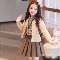 日系JK學院風套裝女童制服裙，秋冬小學生校服三件套，兒童針織開衫