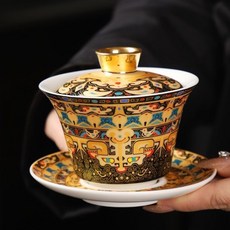 金銀錯 懸停 蓋碗 敬茶碗 大師級 手作 復古 宮廷風, 如圖所示, 1個