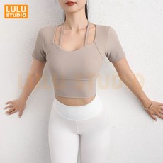 LULU 韓國瑜伽服 帶胸墊 皮拉提斯服 瑜珈服短袖 健身瑜珈服 健身服女 緊身瑜珈上衣 瑜珈t 瑜珈裝 運動短袖 舞衣