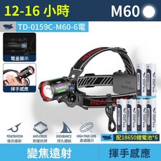 SMILING SHARK 微笑鯊 TD-0159 M60 感應式變焦頭燈 強光夜釣露營照明 附六顆18650電池, 1個, 【六電】微笑鯊 TD-0159C-M60