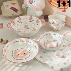 귀여운 캐릭터 도자기 밥그릇 접시 세트 한식기 핸드메이드 예쁜그릇 집들이선물 4인식기 홈세트, 1개, 동일 구성