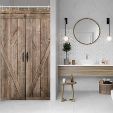 Baocicco 소박한 나무 보드 샤워 커튼 브라운 헛간 화이트 전구 녹색 잎 욕실 장식 방수 패브릭 후크 포함 182.9 x 243.8cm(72 96인치), 브라운 E