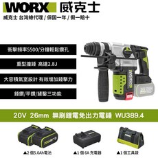 WORX 威克士 20V 26mm 無刷鋰電免出力電鎚 WU389.4，衝擊頻率5500次/分鐘，重型撞鎚2.8J，大容積氣室設計, 1個