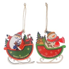 摩達客耶誕台灣製可愛雪橇木質彩繪吊飾 聖誕老公公雪人組 單面設計, 1個, 一組2入