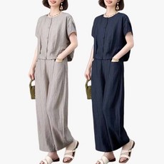 여성세트 여성투피스 반팔티 + 바지 여름바지 세로줄무늬원단 라운드넥단추집업 반팔티 헐렁한와이드팬츠 중년여성 투피스 세트 TYJ042620 40