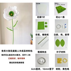 대형 인테리어 종이꽃 DIY 세트 50cm 양귀비 꽃 장식용 크레이프 페이퍼 공예 패키지, 화이트(진한꽃 중앙)