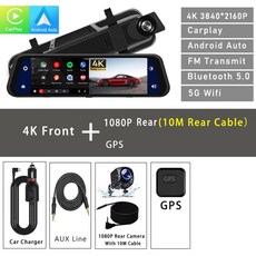 자동차 카메라 BT 카플레이 와이파이 2160P 대시 FM 비디오 4K 드라이브 안드로이드 듀얼 DVR 미러 5G 스트림 캠 GPS 10 인치 녹음기, 20) Dual Lens-10M-GPS - 128G