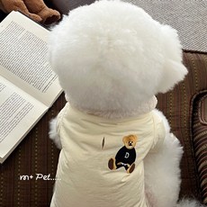 가을 겨울 반려동물 두꺼운 옷 보온 귀여운 곰 자수 견인 미니 도그 패딩 비숑 푸들 전용, 1개, 화이트 퍼 칼라 곰돌이