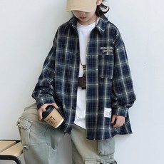 UPPERCUT 주니어 봄가을 오버핏 등판 자수 레터링 체크 남방 초등학생 여아 남아 공용 간절기 아우터형 셔츠 데일리룩