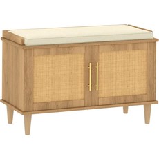 쿠션이 있는 Akxomel Rattan 신발 보관 벤치 조절 가능한 선반과 문이 2단 진입로 15인치 D x 31.5인치 W 20인치 H 단단한 나무 다리 복도 거실 침실 내추럴, 15"D x 31.5"W 20"H