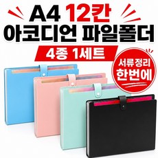 엣센 A4 12칸 아코디언 파일폴더 서류정리 파일백 문서보관 화일 4종세트, 1세트, 혼합