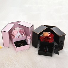 情人節雙開門禮品盒 項鍊口紅手鐲戒指盒 永生花雙層玫瑰高級禮盒, 粉色雙拼色,禮盒+禮袋+香皂花+放口紅的海綿, 1個
