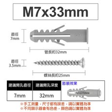 膨脹螺絲壁虎 M7x33mm 灰色塑膠壁虎 附自攻螺絲 水泥牆專用 窗簾牆塞 穩固承重, 1個, 7*33mm附螺絲