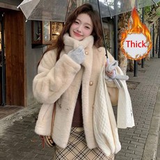 달콤하고 따뜻한 인조 모피 코트 여성 빈티지 스탠드 칼라 겨울 두꺼운 재킷 여성용 긴 소매 더블 브레스티드 한국 우아한 탑, S, Apricot