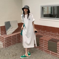 러우 등판 레터링 박시 롱 트임 반팔원피스 빅사이즈