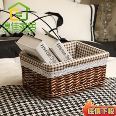 淳佳家居 收納筐藤編收納籃竹編收納筐柳編收納盒桌麵收納筐, 1個, 咖啡色筐搭配格子內襯,小號25*15*12cm