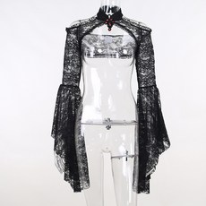 Yellwel 프릴 소매 입체 칼라 레이스 배색 오프숄더 캐주얼 다용도 베스트 DJP