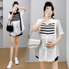 임산부 반팔 셔츠 캐주얼 루즈핏 스트라이프 패치 폴로넥 셔츠 여름 임부복 반팔 상의 JS