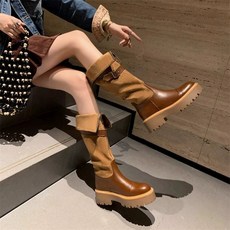 馬丁靴女款 2025春秋新款 不過膝長靴 皮帶扣厚底機車騎士靴 高筒時裝靴 [臺灣出貨], 黑色單裏經典舒適版,38, 黑色單裏經典舒適版, 38