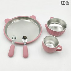 不鏽鋼硅膠兒童餐具組 寶寶碗勺叉奶杯防摔 母嬰用品, 磚紅五件套（耳朵盤+耳朵盤碗, 1個
