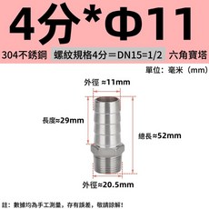 304不鏽鋼六角寶塔接頭外絲六角軟管水管水嘴，多尺寸可選，現貨隔日發, (304加厚型）1/2*11, 1個