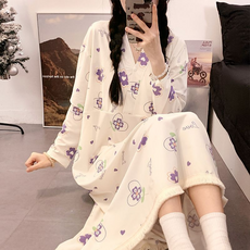 봄 가을 임산부 긴팔 잠옷 원피스 임부 얇은 수면 긴팔 롱 원피스 편안한 드레스 임부용 홈웨어 JS