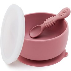 SAMiGO 실리콘 아기 그릇 및 스푼 세트 흡착 및 뚜껑 포함 1단계 셀프 수유 필수품 6개월 이상 음식 그릇, 장미