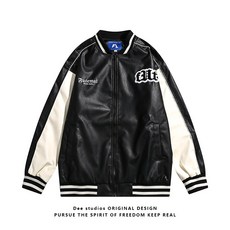 Dee studios학업 스타일 색상 일치하는 수건 자수 편지PU남성과 여성을위한 가죽 자켓 봄 캐주얼 코트 조수