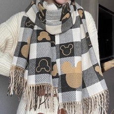 格子圖案流蘇圍巾，可愛米奇/愛心圖案，保暖披肩