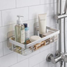 링고룸 깔끔 물빠짐 욕실 선반 다용도 거치대 무타공 초강력 접착 흡착식, 1개, 스틸실버