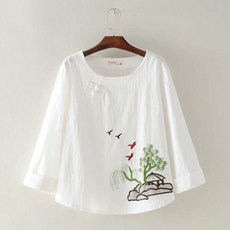 JoYouth 여성 동양풍 퓨전개량한복 생활저고리 린넨 면 연꽃자수 칠부 루즈핏 블라우스 여름상의 연꽃 M