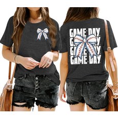 QAUN 야구 셔츠 여성: 리본 그래픽 탑 엄마 티셔츠 경기 날 반소매 상의 다크그레이 XXL 167851 8174273381