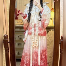 漢魚姬【桃熹】原創漢服漢洋折衷明製交領琵琶袖洛麗塔秋冬, 紅色全套（刺繡雲肩+交領琵琶袖+百褶裙）,M, 1個