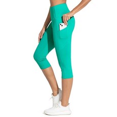 THE 더 GYM PEOPLE 주머니가 있는 두꺼운 하이 웨이스트 카프리 요가 팬츠 복부 컨트롤 운동 러닝 레깅스 여성용 잉크 블루