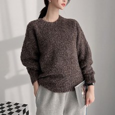 Tteugaejin 女款羊毛圈圈紗基本款拉克蘭袖Wellspin圓領針織衫