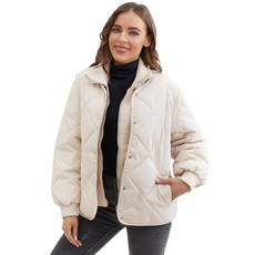 Lumister 여성용 다이아몬드 패딩 재킷 스냅 클로저 지퍼 스탠드 칼라 겨울 퀼트 경량 재킷 카키 167733, Small, 베이지