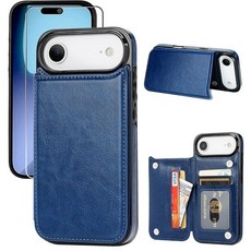 JOYAKI 카드 홀더가 있는 아이폰 17 에어 지갑 케이스 PU 가죽 킥스탠드 카드 슬롯 케이스 액정보호필름 이중 자석 걸쇠 및 내구성 있는 충격 방지 커버 16.8cm, 딥 블루