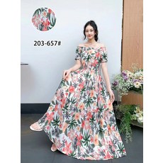 棉綢碎花一字肩連衣裙民族風鬆緊腰沙灘海邊度假裙子波西米亞長裙, 均碼