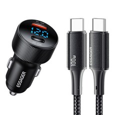 Essager 45W 2포트 USB A타입 TO C타입 PD3.0 QC3.0 차량용 초고속 충전기 C-C타입 포함, 블랙, 1세트