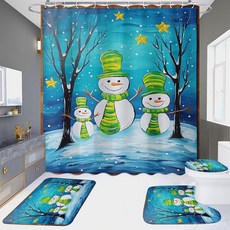 臺灣熱銷 跨境聖誕節雪人浴簾四件套高清數碼印花防水免打孔浴室酒店隔斷簾, Q15,165x180-360g, 1個