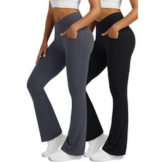 Boerfmian 주머니가 있는 여성용 플레어 레깅스 2팩 하이 웨이스트 크로스오버 부츠컷 요가 팬츠 블랙- 라이트 블루