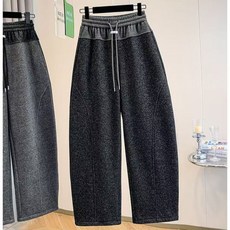 PEROLA 여성 와이드 팬츠 패션 배색 스트링 밴딩 하이웨스트 캐주얼 빅사이즈 겨울 기모 바지