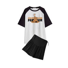 임산부 여름 세트 캐주얼 반팔 라운드 상의 하이웨이스트 와이드 반바지 상하의 투피스 루즈핏 기질 임부 세트 CY