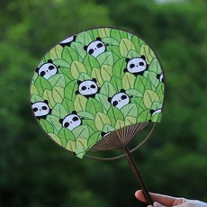 土布麵竹蒲扇團扇竹芭蕉扇仿古典夏季圓文手老工藝古典紙傳統扇子, 1個, 熊貓綠色竹布團扇, 熊貓綠色竹布團扇